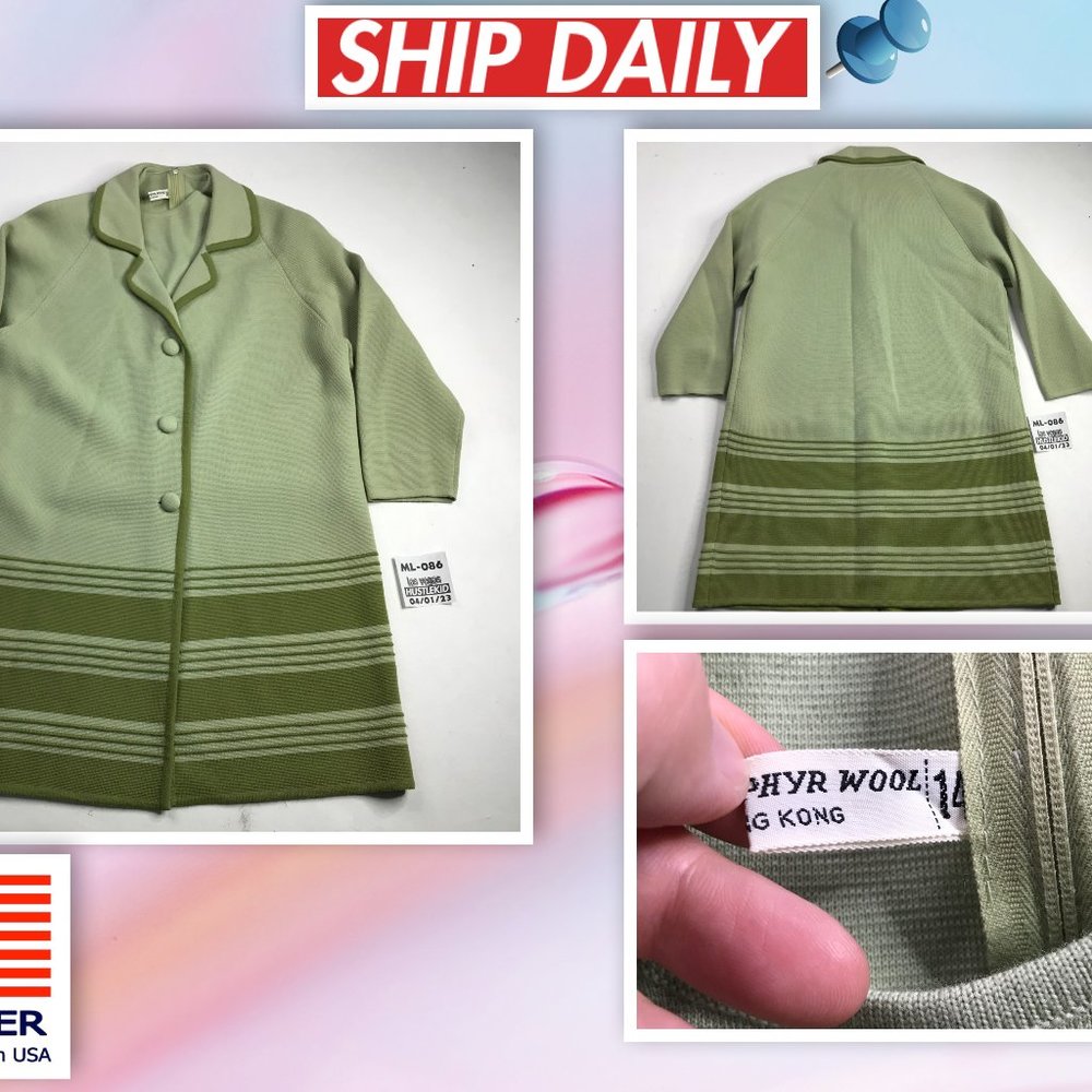 Vintage World Knits Wool Women 60s 70 Top Shirt Retro Jacket Trench Coat Size 14